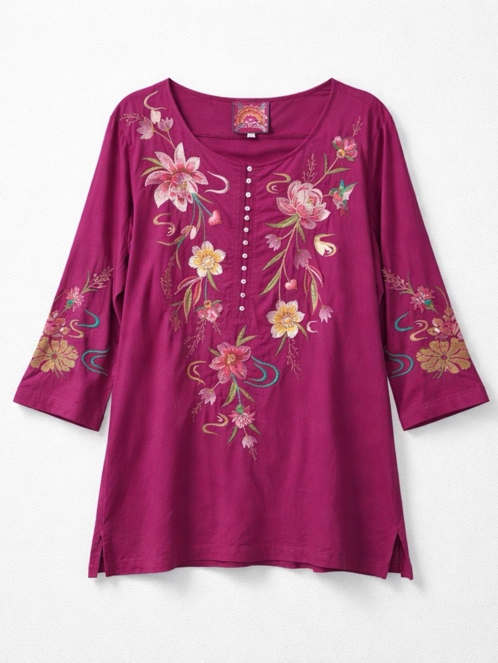 Johnny Was Magenta Floral-Embroidered Scoop-Neck Tunic